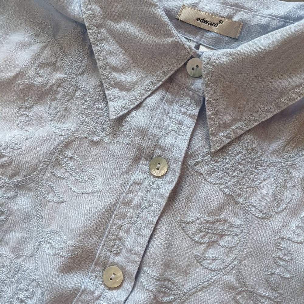 Blue Floral Embroidered Linen Shirt